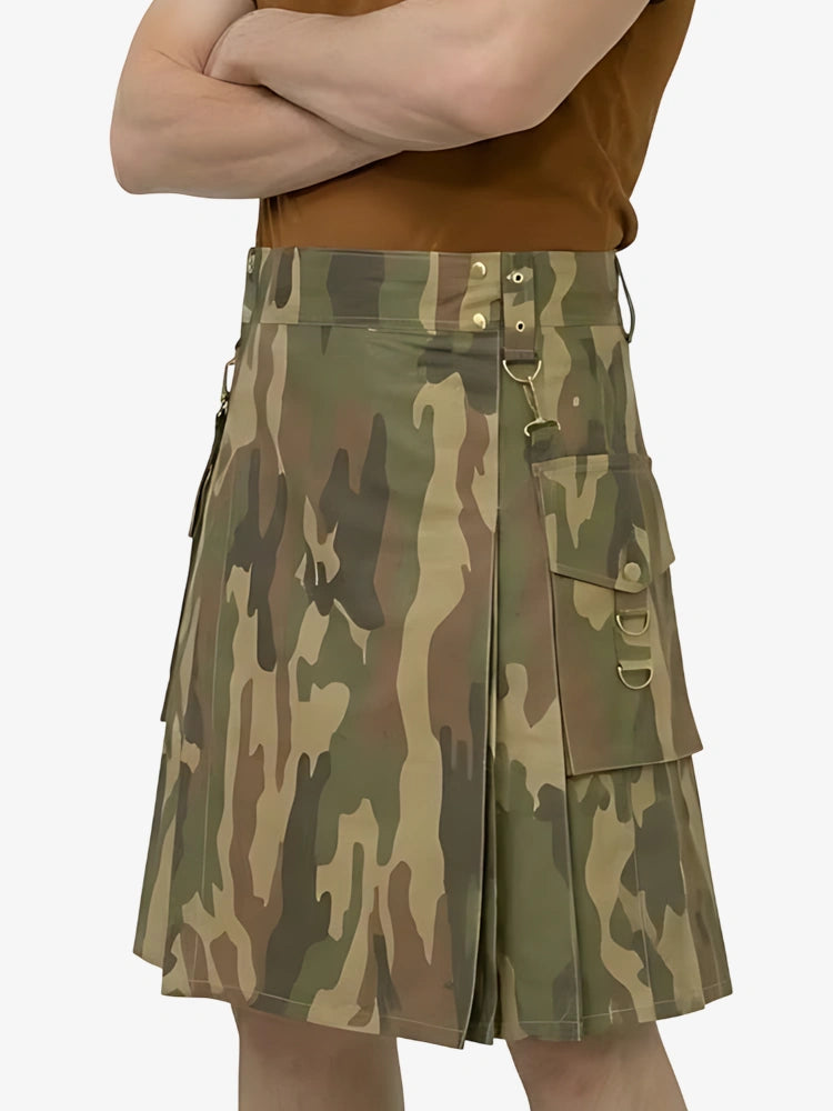 Camouflage kilt worn by a person on a white background