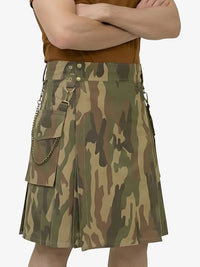 Camouflage kilt worn by a person on a white background