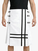 White skirt with black geometric patterns worn by a person on a white background