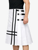 White skirt with black straps and buckles on a white background