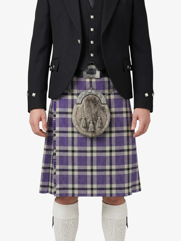 Person wearing a traditional Scottish kilt with a purple plaid pattern on a white background