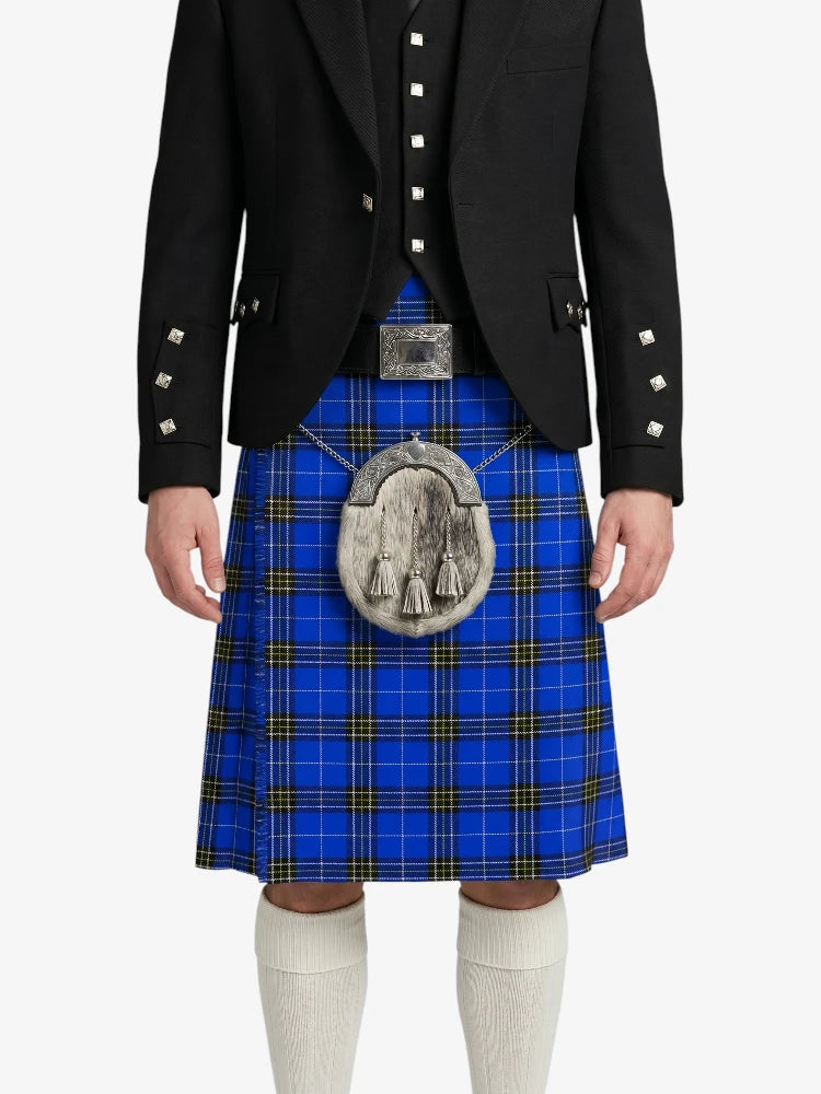 Person wearing a blue plaid kilt with a black jacket on a white background