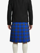 Person wearing a black jacket and blue plaid kilt on a white background