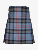 Plaid kilt with blue, black, and yellow pattern on a white background