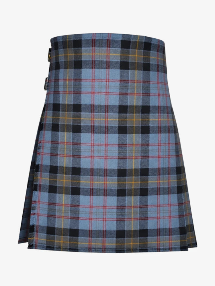 Plaid kilt with blue, black, and yellow pattern on a white background