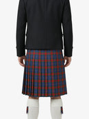 Person wearing a black jacket and red and blue plaid kilt on a white background
