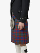 Person wearing a traditional Scottish kilt with a sporran on a white background