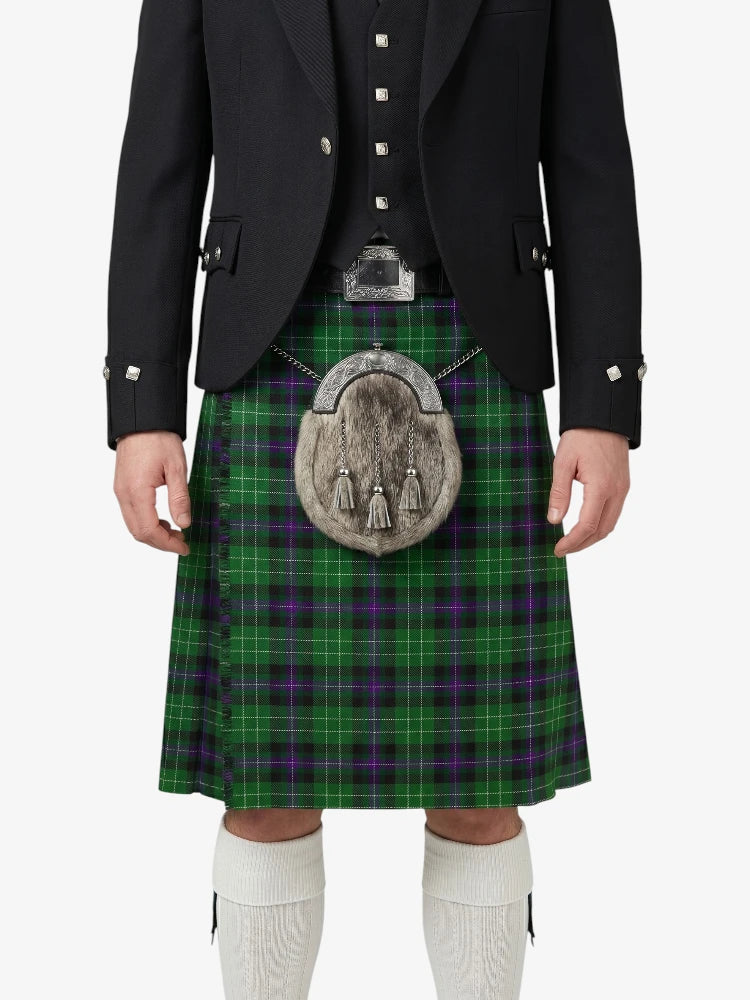 Person wearing a green plaid kilt with a black jacket on a white background