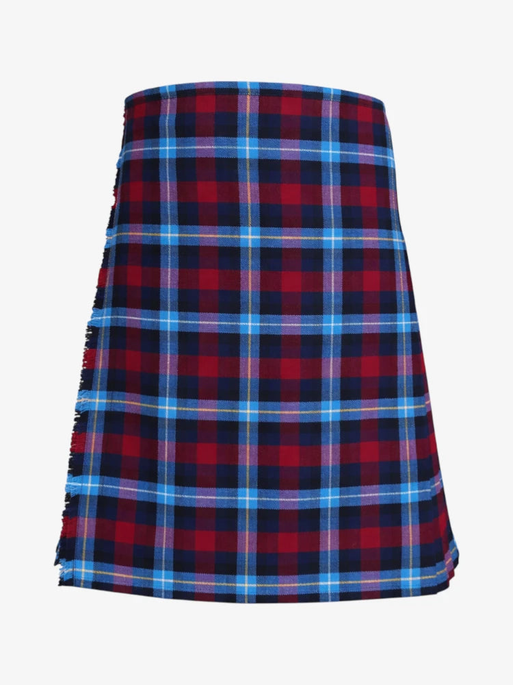 Plaid kilt with red, blue, and black colors on a white background