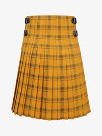 Yellow plaid kilt with black straps on a white background