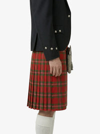 Person wearing a black jacket and red plaid kilt on a white background