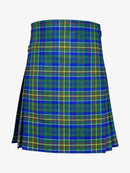Plaid kilt with green, blue, and red pattern on a white background