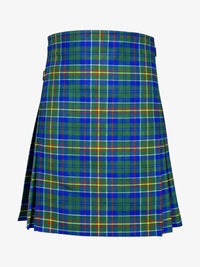 Plaid kilt with green, blue, and red pattern on a white background