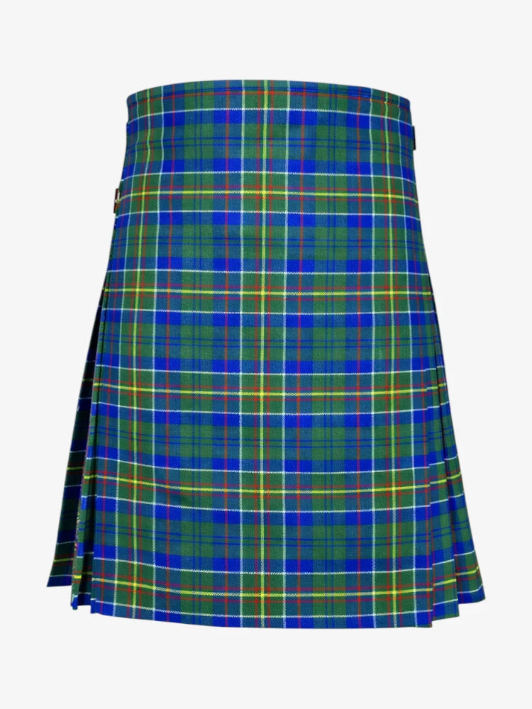 Plaid kilt with green, blue, and red pattern on a white background