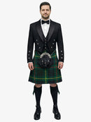 Man wearing a traditional Scottish Hunting Stewart tartan kilt with a black prince charlie jacket and bow tie on a white background