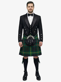 Man wearing a traditional Scottish Hunting Stewart tartan kilt with a black prince charlie jacket and bow tie on a white background