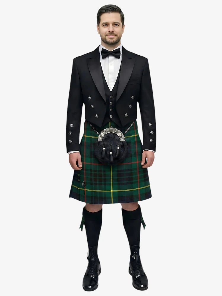 Man wearing a traditional Scottish Hunting Stewart tartan kilt with a black prince charlie jacket and bow tie on a white background