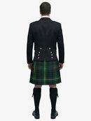 Person wearing a black prince charlie jacket and hunting stewart tartan kilt on a white background