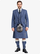 Man wearing a traditional Scottish kilt with a blue jacket on a white background