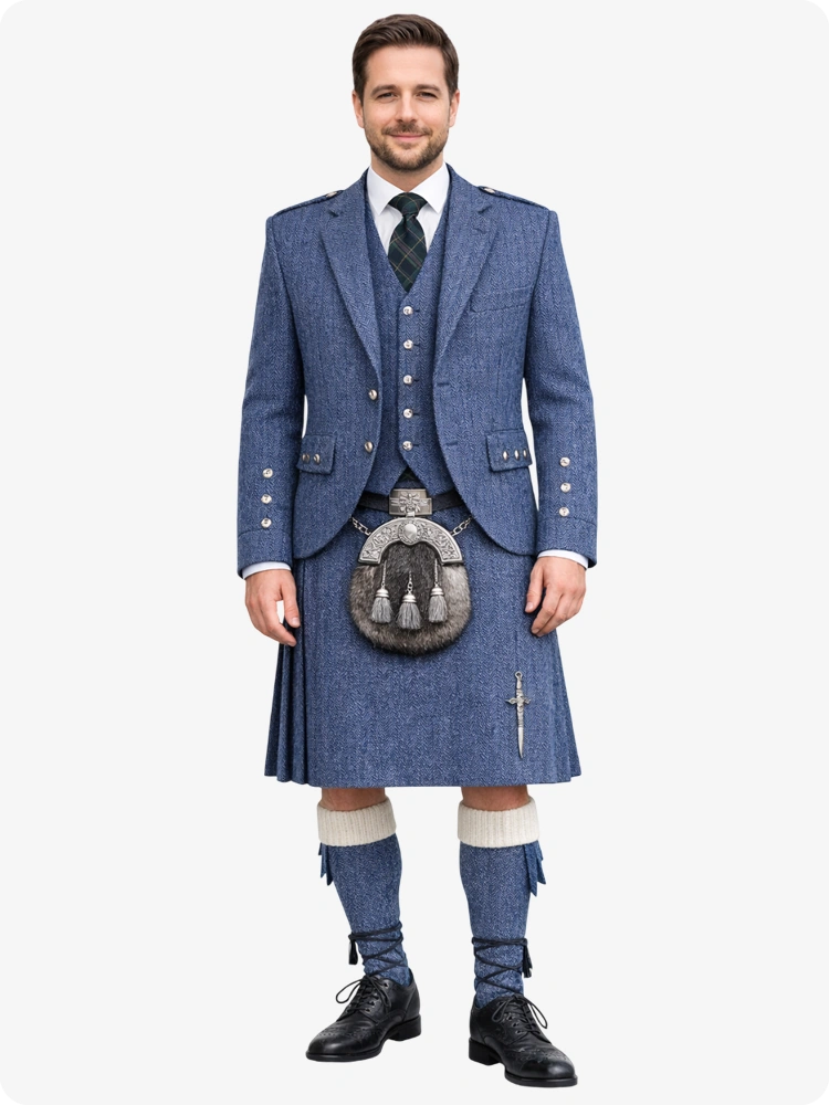 Man wearing a traditional Scottish kilt with a blue jacket on a white background