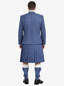 Person wearing a blue kilt with a matching jacket on a white background