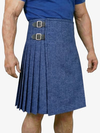 Person wearing a blue pleated kilt on a white background