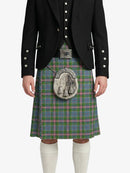 Person wearing a black jacket and green plaid kilt with a white background