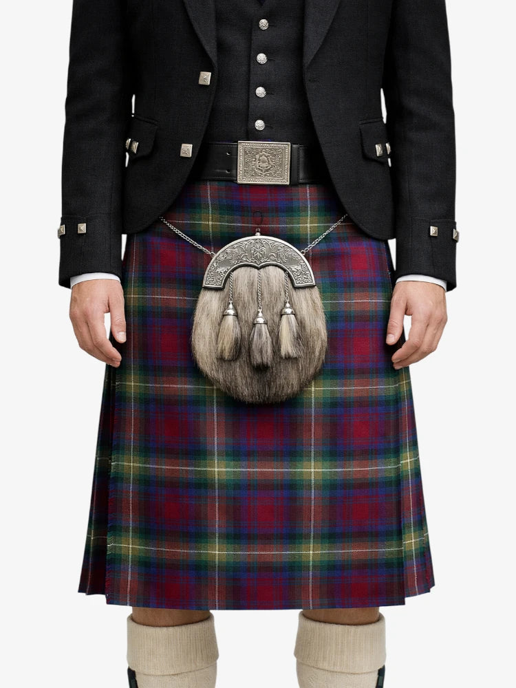 Person wearing a traditional Scottish kilt with a tartan pattern on a white background