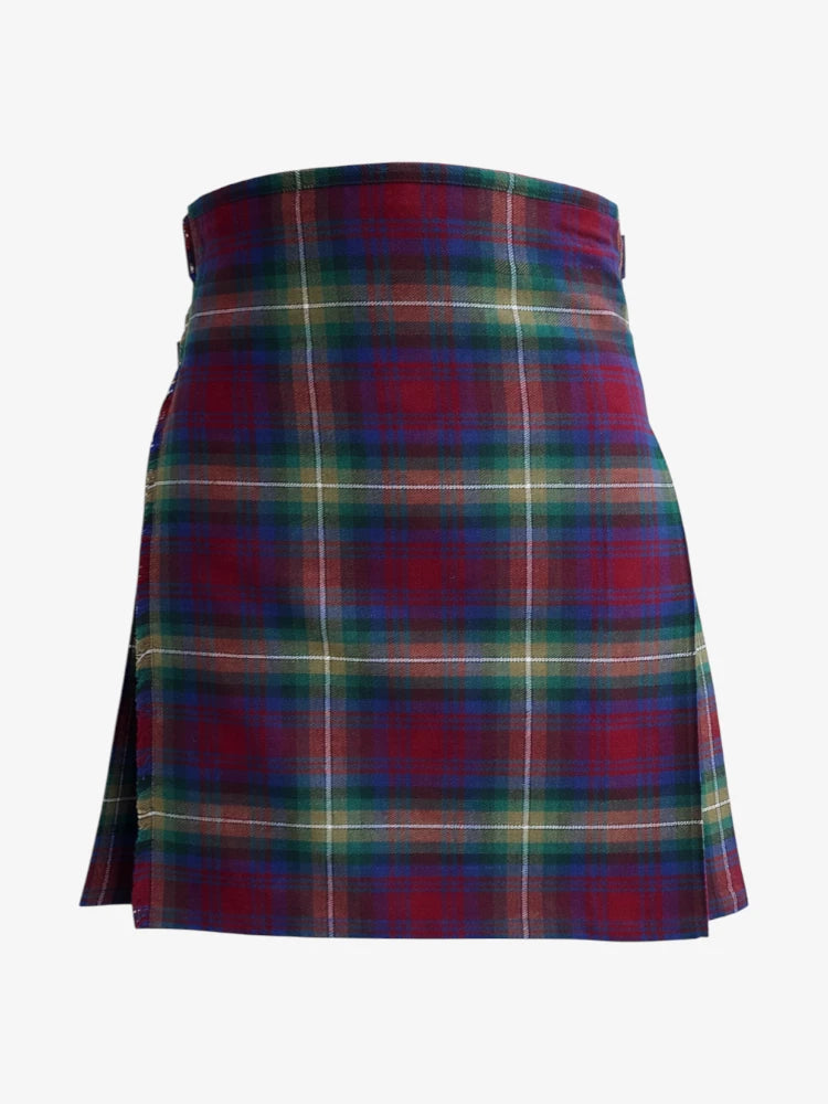 Plaid kilt with red, green, and blue pattern on a white background