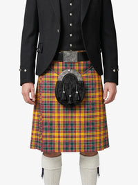 Person wearing a traditional Scottish kilt with a tartan pattern on a white background