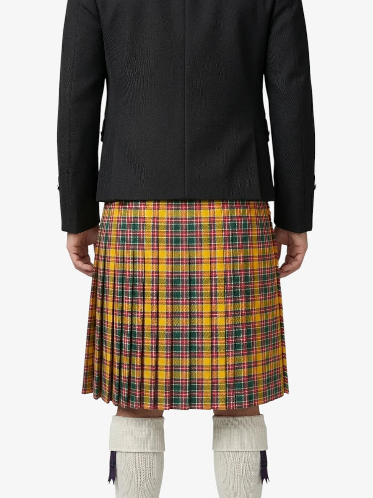 Person wearing a black coat and yellow plaid kilt on a white background