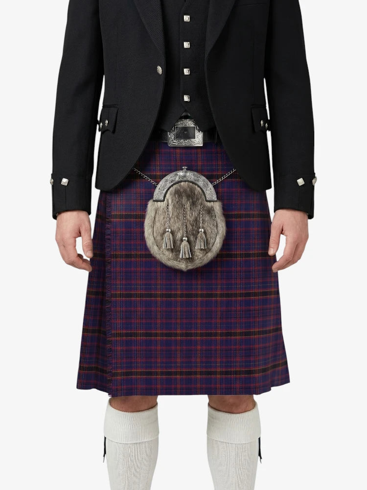 Person wearing a traditional Scottish kilt with a tartan pattern on a white background