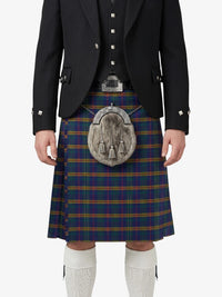 Person wearing a traditional Scottish kilt with a tartan pattern on a white background