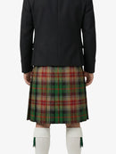 Person wearing a black jacket and plaid kilt on a white background