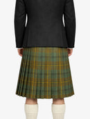Person wearing a black coat and green plaid kilt on a white background
