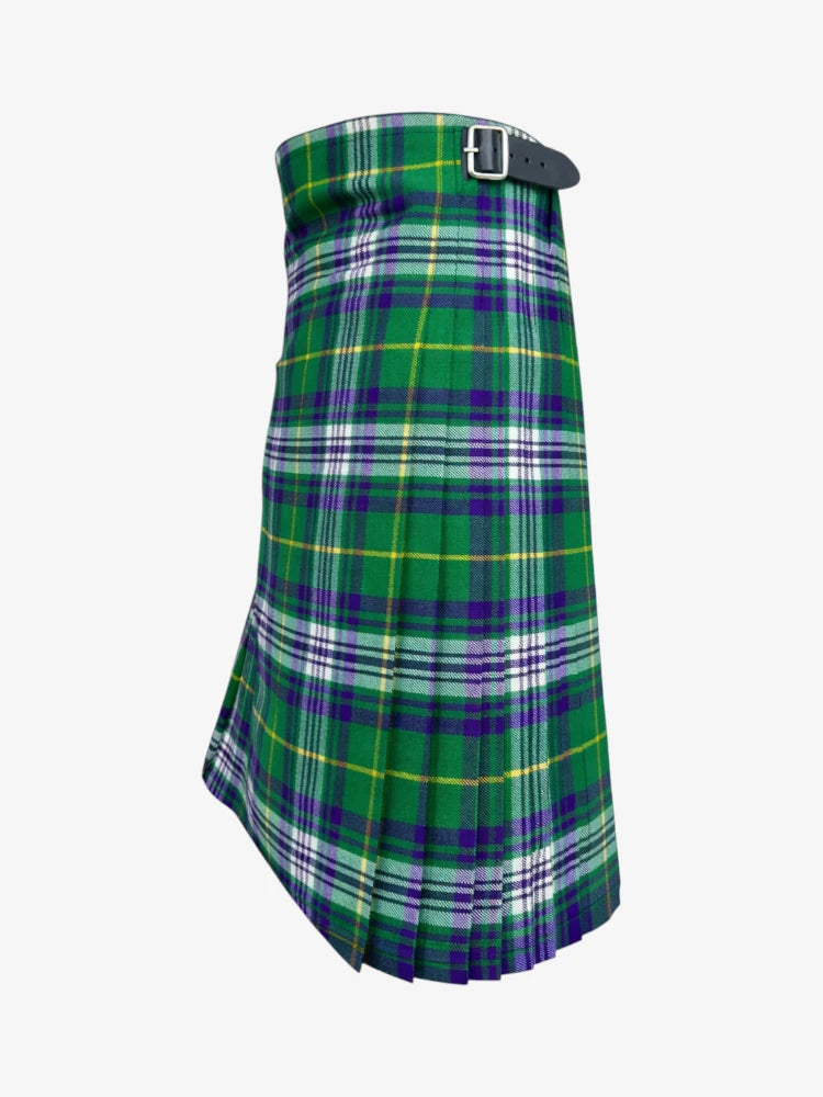 Green plaid kilt left side with a belt on a white background
