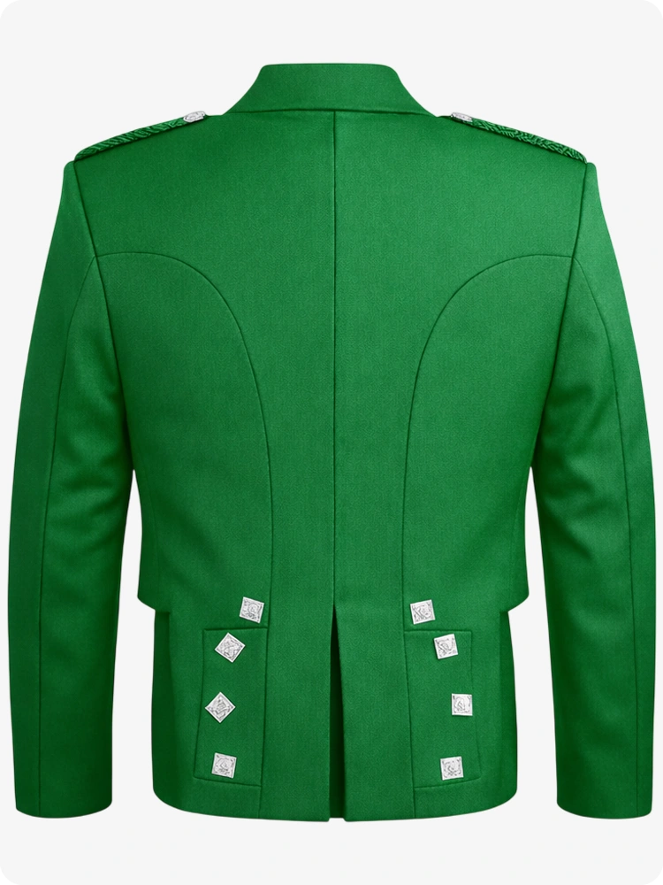 Green jacket with white buttons on a white background