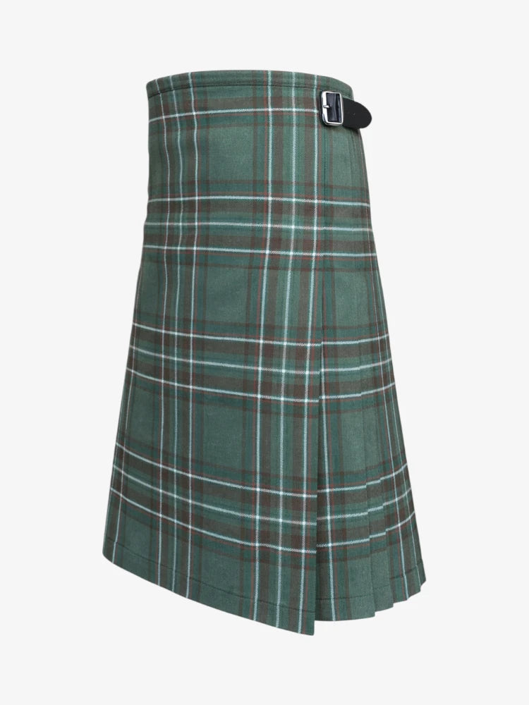 Green plaid kilt left side with a belt on a white background