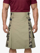 Man wearing a khaki kilt with camouflage accents on a white background