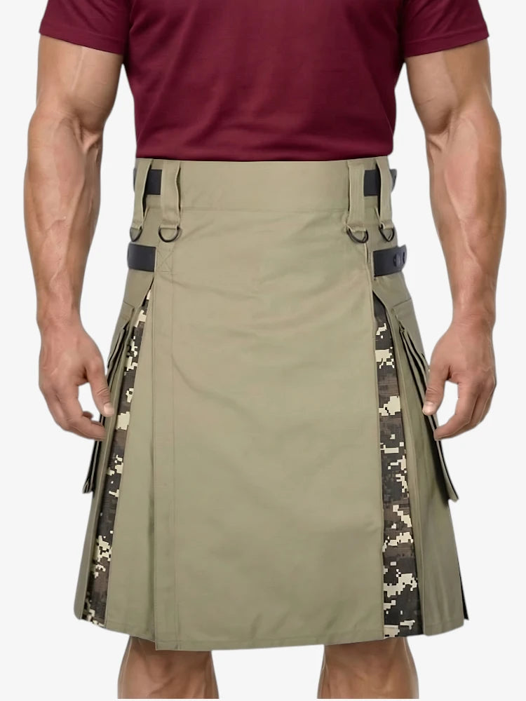 Man wearing a khaki kilt with camouflage accents on a white background