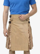 Person wearing a tan kilt with camouflage accents on a white background