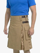 Person wearing a tan kilt with camouflage pattern on a white background