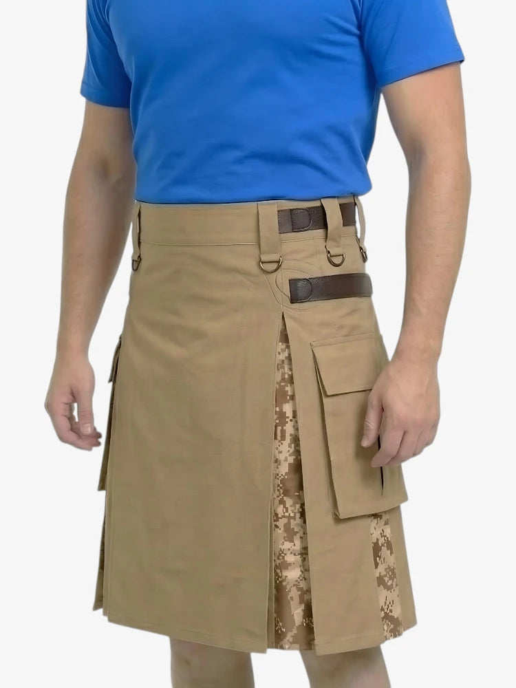 Person wearing a tan kilt with camouflage pattern on a white background