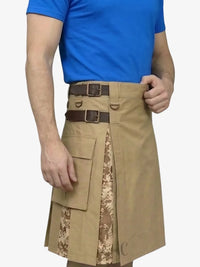 Person wearing a beige kilt with camouflage pattern on a white background