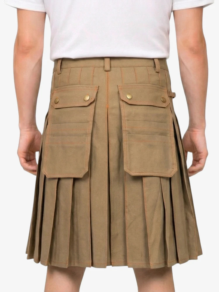 Brown pleated skirt with front pockets on a white background