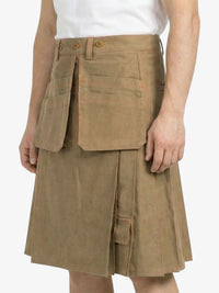Brown cargo skirt worn by a person on a white background
