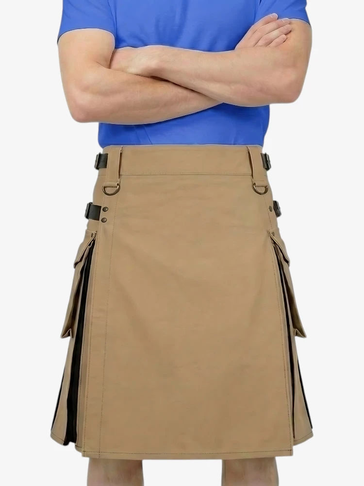Person wearing a tan kilt with black accents on a white background