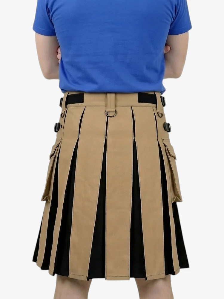 Person wearing a beige and black pleated skirt with a blue shirt on a white background