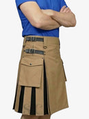 Person wearing a tan kilt with black accents on a white background