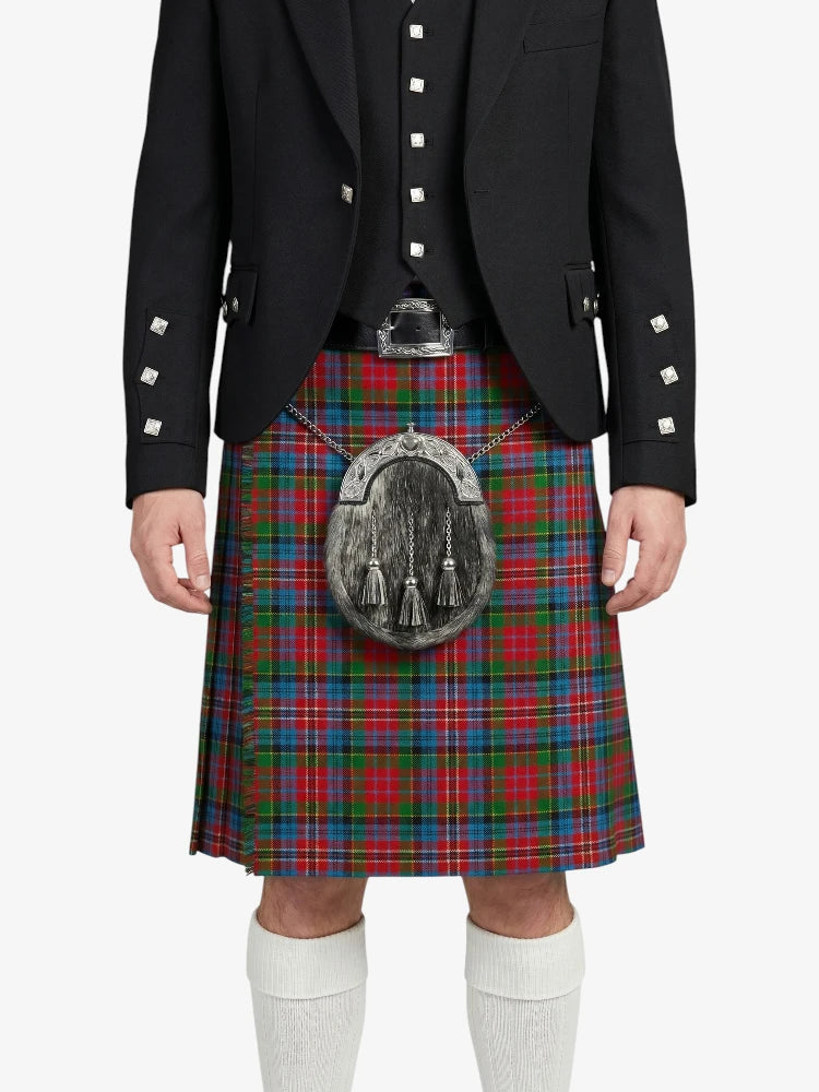 Person wearing a black jacket and red plaid kilt with a silver sporran on a white background